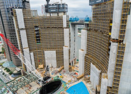 Kwikstage scaffold wrapping high-rise towers under construction at Queen's Wharf, Brisbane