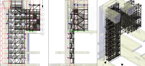 Scaffold design drawings and a 3D model showing a stair tower and access bays for project planning