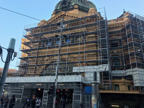 Scaffolding surrounding the Flinders Street Station Building