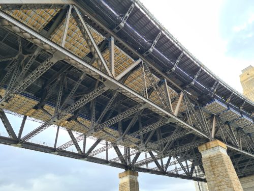 Scaffolding visible along a major bridge in NSW.