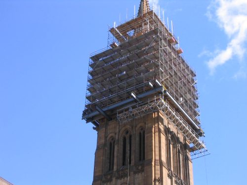 Scaffolding around the outside of a cathedreal spire.