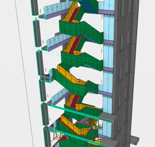 3D model of a multi-storey interconnecting feature staircase with landings and floor-edge steelwork