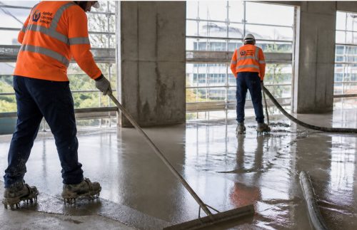 Two Applied Concrete Services workers in hi-vis screeding a freshly poured concrete floor slab